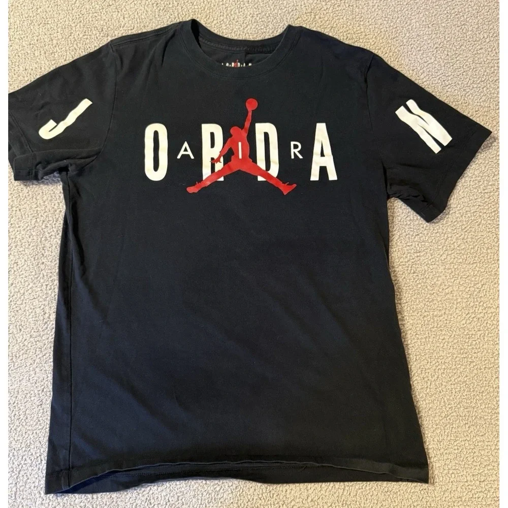 Air Jordan Stretch Tee Men's Sz Med Short Sleeve Spell Out Logo Black Crew Neck